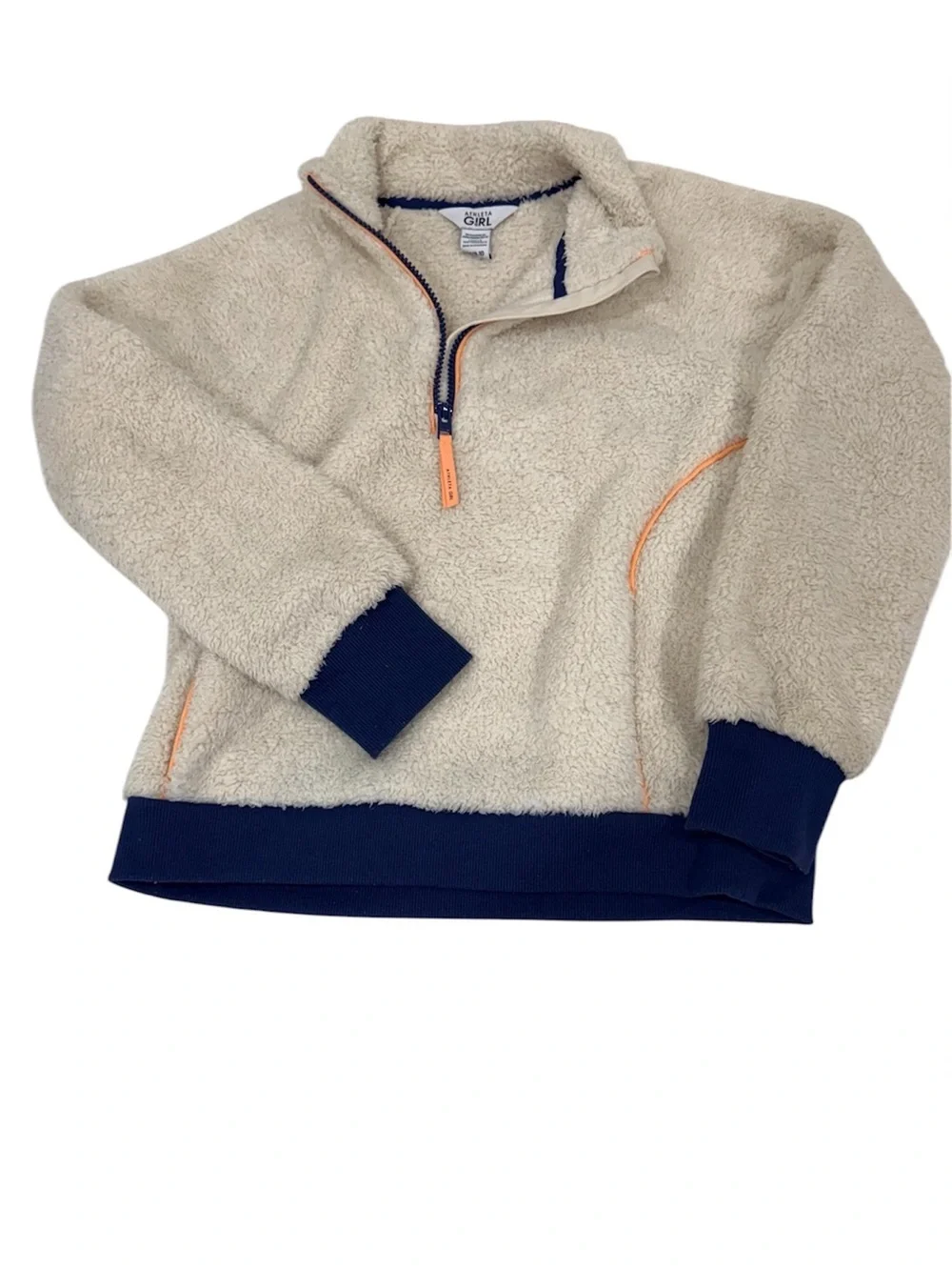 Athleta Girl Cream Sherpa Half-Zip with Navy and coral Trim size 8-10